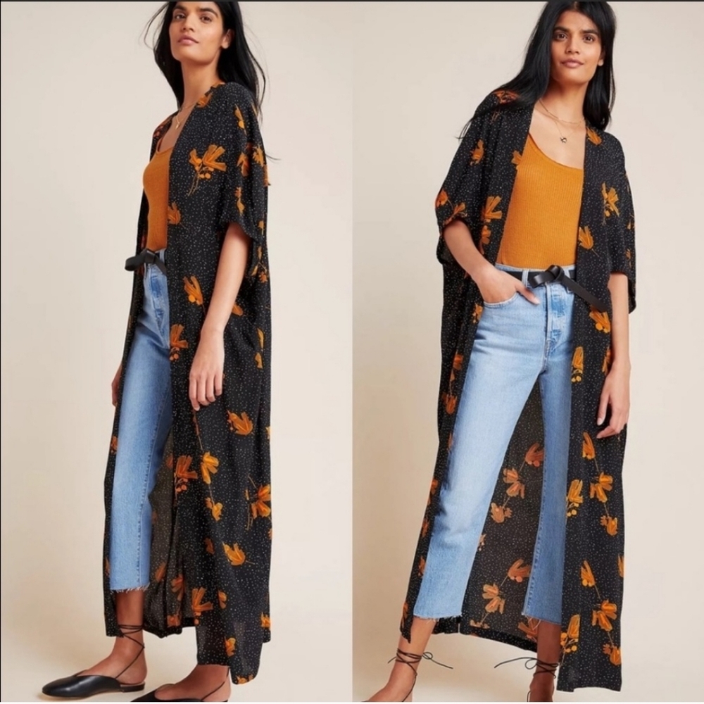 Anthropologie Black and Orange Floral Kimono
